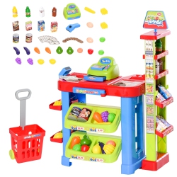 QABA Supermarket Playset Cash Register Toy for Kids, 50 PCs Grocery Store Pretend Play Toy \w Food, Check-Out Counter, Scanner, Shelves, Gift For