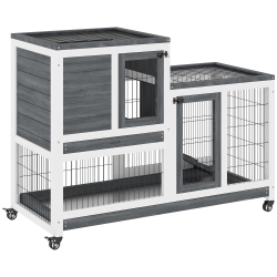 PAWHUT Rabbit Hutch Indoor Bunny Cage Guinea Pig House On Wheels With Run, Pull Out Trays, Grey And In White