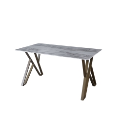 VIVA LIFESTYLE INC. Railroad Style Rectangular 63 Inch Dining Table Marbled-Look Tempered Glass Faux Marble Dining Room Table \w Finsh Metal Legs