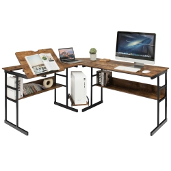GYMAX L-Shaped Computer Desk Drafting Table Workstation W/ Tiltable Tabletop