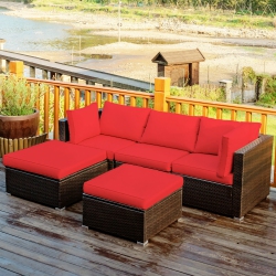 COSTWAY 5PCs Patio Rattan Furniture Set Sectional Conversation Set Ottoman Table