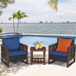 COSTWAY 3PCs Patio Wicker Furniture Set Wooden Frame Cushion Sofa Shelf In Navy