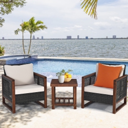 COSTWAY 3PCs Patio Wicker Furniture Set Wooden Frame Cushion Sofa
