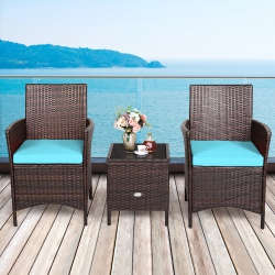 COSTWAY 3PCs Patio Rattan Furniture Set Cushioned Sofa Glass Tabletop Deck