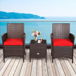 COSTWAY 3PCs Patio Rattan Furniture Set Cushioned Sofa Glass Tabletop Deck