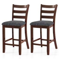 GYMAX Wood Bar Stools Set Of 2 Counter Height Chairs W/ Faux Leather Upholstered Seat