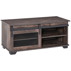 HOMCOM Farmhouse Coffee Table With Storage, Center Table With Mesh Barn Door And Adjustable Shelf, Living Room Table In Dark Brown