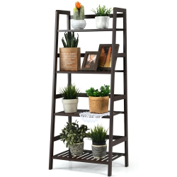 COSTWAY 4-Tier Bamboo Ladder Shelf Plant Display Stand Rack Bookshelf In Dark Brown