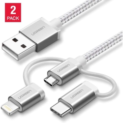 UGREEN [2Pack] Micro USB With Lightning & USB C 1.5M (3 In 1) Data Cable Silver In White