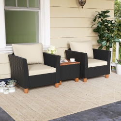 COSTWAY 3PCs Outdoor Patio Rattan Furniture Set Wooden Table Top Cushioned Sofa In Black