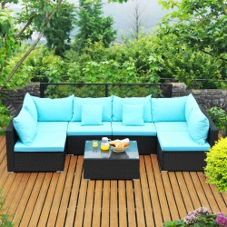 COSTWAY 7PCs Patio Rattan Sofa Set Sectional Conversation Furniture Set Garden