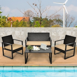 COSTWAY 4PCs Patio Rattan Furniture Set Cushioned Sofa Coffee Table Garden Deck In Brown