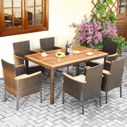 COSTWAY 7PCs Patio Rattan Dining Set Armrest Cushioned Chair Wooden Tabletop