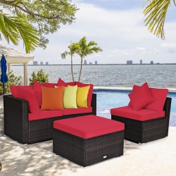 COSTWAY 4PCs Patio Rattan Wicker Furniture Set Cushioned Sofa Ottoman Garden Deck In Red