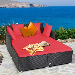 COSTWAY Outdoor Patio Rattan Daybed Pillows Cushioned Sofa Furniture