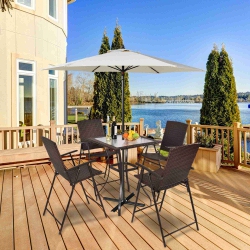 COSTWAY 5PCs Patio Dining Set 4 Rattan Bar Stool Folding Chair Bar Table With Glass Top