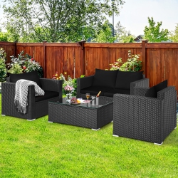 COSTWAY 4PCs Patio Rattan Furniture Set Cushioned Sofa Chair Coffee Table In Black