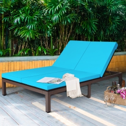 COSTWAY 2-Person Patio Rattan Lounge Chair Chaise Recliner Adjustable Cushion In Turquoise
