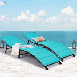 COSTWAY 2PCs Patio Rattan Folding Lounge Chair Chaise Double Sided Cushion In Turquoise