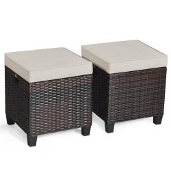 COSTWAY 2PCs Patio Rattan Ottoman Cushioned Seat Foot Rest Coffee Table