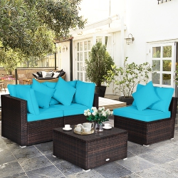 GYMAX 4PCs Rattan Patio Conversation Furniture Set Yard Outdoor W/ Cushion In Turquoise