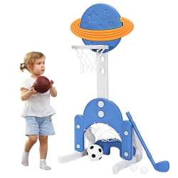 GYMAX 3 In 1 Kids Basketball Hoop Set Adjustable Sports Activity Center W/ Balls In Blue