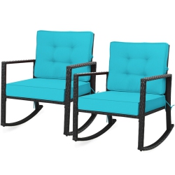 GYMAX 2PCs Outdoor Wicker Rocking Chair Patio Rattan Single Chair Glider W/ Cushion In Turquoise