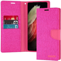 GOOSPERY Topsave Canvas Card Slot Fabric Folio Wallet Flip Case for Samsung S21 Plus (6.7") In Pink