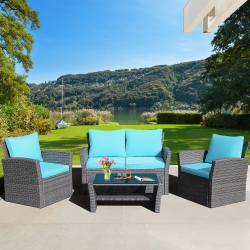 GYMAX 4PCs Patio Rattan Conversation Set Outdoor Furniture Set W/ Cushions In Turquoise