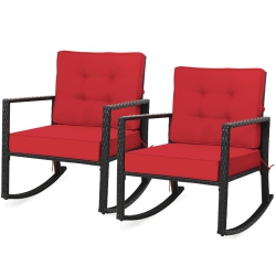 GYMAX 2PCs Outdoor Wicker Rocking Chair Patio Rattan Single Chair Glider W/ Cushion In Red