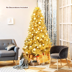 GYMAX 7.5Ft Tinsel Christmas Tree Artificial Hinged W/ Metal Stand Champagne In Gold