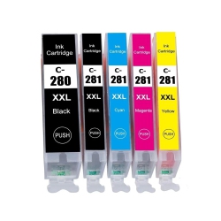TONER4U - 5 Ink Pgi-280, Cli-281 (Pb/bk/c/m/y) Compatible Ink Cartridge Extra High Yield for Canon Pgi-280Xxl, Cli-281Xxl, Pixma Tr7500, Tr7520, Tr8500