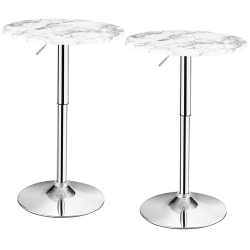 GYMAX Set Of 2 Round Pub Bar Table Height Adjustable 360° Swivel W/ Faux Marble Top