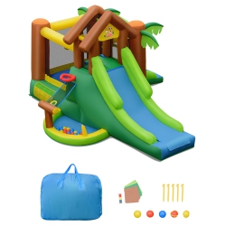 GYMAX Inflatable Jungle Bounce House W/ Dual Slides Climbing Wall Jumping Area
