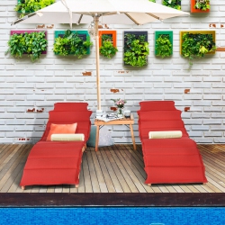 GYMAX 3 PCs Folding Eucalyptus Lounge Chair & Table Set W/ Double-Sided Cushion