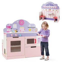 COSTWAY 2 In 1 Kids Play Kitchen & Cafe Restaurant Wooden Pretend Cooking Playset Toy