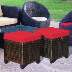 COSTWAY 2PCs Patio Rattan Ottoman Cushioned Seat Foot Rest Coffee Table In Red