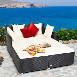 COSTWAY Outdoor Patio Rattan Daybed Pillows Cushioned Sofa Furniture