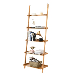 COSTWAY 5-Tier Ladder Shelf Bamboo Bookshelf Wall-Leaning Storage Display Plant Stand