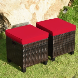 GYMAX Set Of 2 Patio Rattan Ottoman Footrest Garden Outdoor W/ Cushion In Red