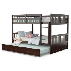 GYMAX Full Over Full Bunk Bed Platform Wood Bed W/ Trundle & Ladder Rail