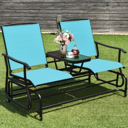 GYMAX Patio 2-Person Glider Rocking Char Loveseat Garden W/ Tempered Glass Table In Turquoise
