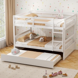 GYMAX Full Over Full Bunk Bed Platform Wood Bed Captain's Bed W/ Trundle & Ladder Rail