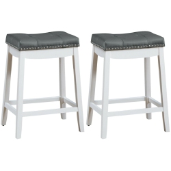 GYMAX Set Of 2 Nailhead Saddle Bar Stools 24" Counter Stools With Grey Cushion In White