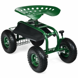 GYMAX Rolling Garden Cart Scooter W/ Adjustable Seat Storage Basket Tray In Green