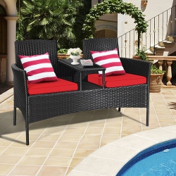 GYMAX Rattan Wicker Patio Conversation Set W/ Table Cushion In Red