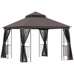 OUTSUNNY 10' X 10' Outdoor Patio Gazebo Canopy With Double Tier Roof, Removable Mesh Curtains, Display Shelves, Top Hooks, Coffee