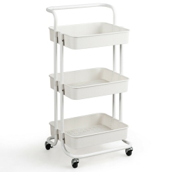 GYMAX 3 Tier Rolling Cart W/wheels Practical Handle&abs Storage Basket Organizer In White