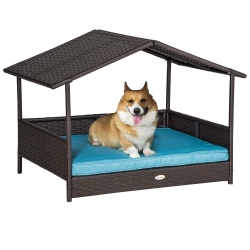 PAWHUT Rattan Dog House Outdoor With Canopy, Wicker Dog Bed With Water-Resistant Cushion, for Small And Medium Breeds In Blue