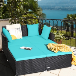 GYMAX Rattan Patio Daybed Loveseat Sofa Yard Outdoor W/ Cushions Pillows In Turquoise